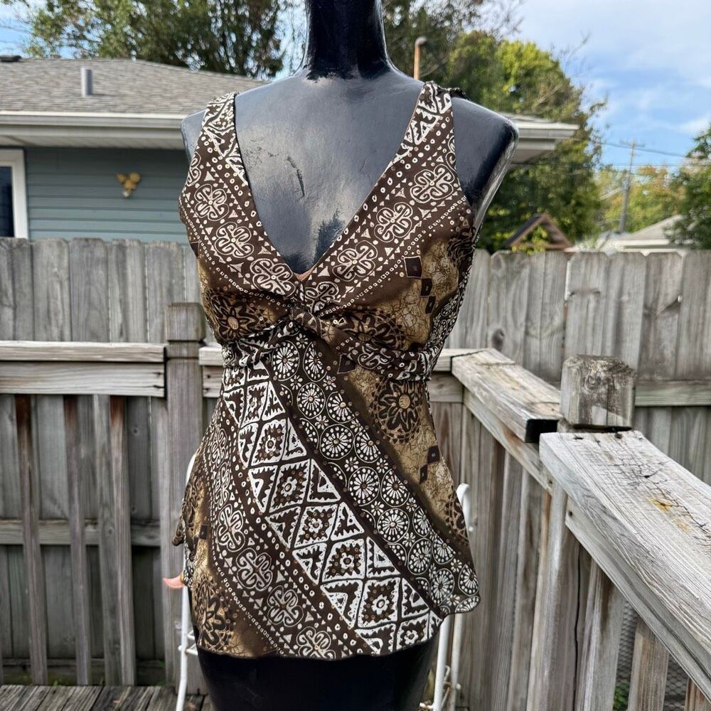 IZ Byer California Brown Patchwork Print Y2K Halter Style Top